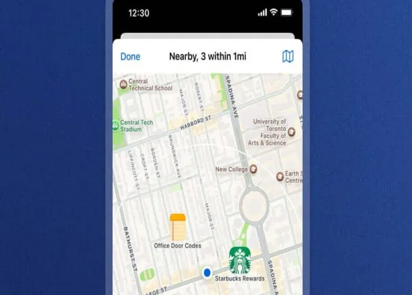 Phone showing nearby logins and notes saved in 1Password on an Apple Maps layout.